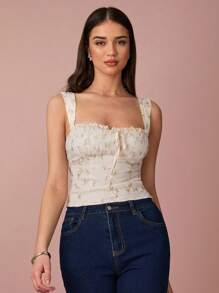 Enchnt SHEIN X Gi Lancellotti Spring/Summer Women's Elegant Floral Embroidered Collar Lace Stitching Tank Top,Suitable For Wedding Season, Holidays, Vacation, Sweet Date And Graduation Season, Women's Summer, Concert Women,Easter Women - Apricot - View 7