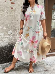SHEIN LUNE Plus Size Boho Midi Dress For Women: Floral Print Woven Fabric With Tie Neck And Ruffle Hem Detail, Half Sleeve, Multicolor, Flounce Hem, Perfect For Summer - Multicolor - View 7