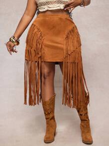 Slaydiva 2025 春夏新品节日波西米亚优雅度假纯色棕色流苏下摆半身裙，女式加大码下装 - 棕色 - 查看 7