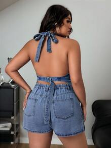 SHEIN EZwear 夏季大码性感露背细肩带牛仔背心 - 中等水洗藍 - 查看 2