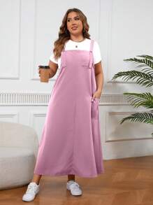 Calvaya 大码女式纯色双口袋休闲宽松吊带连衣裙长款女装 - 粉色 - 查看 6