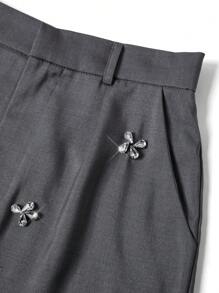 Gownix Women's Dark Gray Solid Color Rhinestone Embellished Fitted Elegant Daily/Party Shorts With Pockets - Grey - View 6