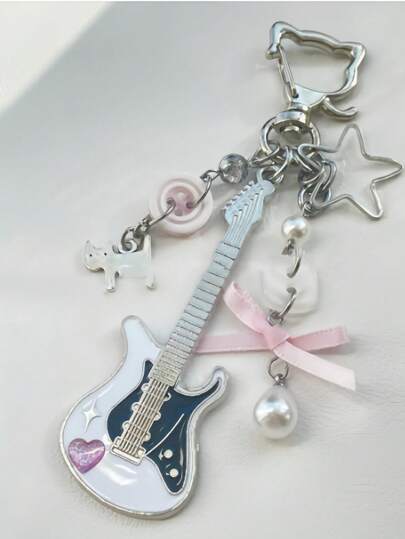 Joivida 1PC Cat Cute Guitar Bow Beaded Guitar Pendant Cute Keychain Bag Card Book Ccd Pendant