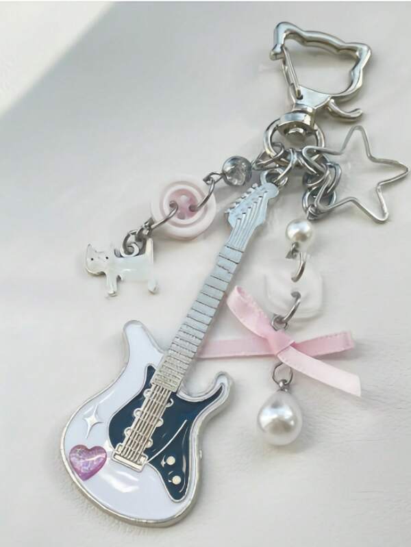 Zazumi 1PC Cat Cute Guitar Bow Beaded Guitar Pendant Cute Keychain Bag Card Book Ccd Pendant