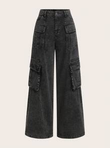 SHEIN EZwear Jeans de pierna ancha de carga con múltiples bolsillos de mezclilla negra desgastada