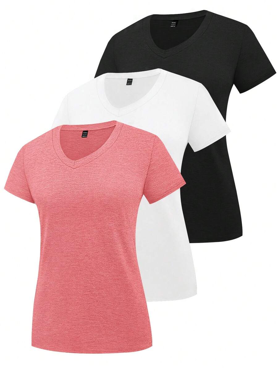 INAWLY 1 Pack Women V-Neck Short Sleeve Solid Color Casual Versatile T-Shirts - Multicolor - View 1