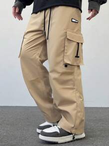 Manfinity LEGND Men's Streetwear Solid Color Elastic Waist Drawstring Straight Leg Cargo Pants - Khaki - View 1