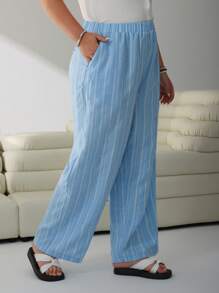 SHEIN EZwear Pantaloni a gamba ampia a righe blu e bianche in taglie grandi, adatti per la primavera/estate