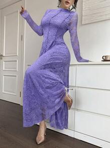 Feyla 女士优雅白色蕾丝长裙 - 紫色 - 查看 6