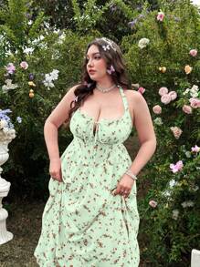 Flirla 大码浪漫优雅女士度假装，法式甜美时尚碎花细肩带连衣裙，夏季无袖修身喇叭长裙