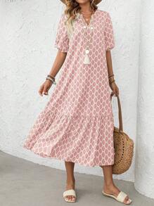 EMERY ROSE Women's Notched Neck Ruffle Hem Short Sleeve Dress Summer Dresses For Women,Sun Dresses For Women