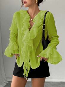 Rafferiza Blusa holgada de mujer de gasa de unicolor con mangas farol, cuello en V y lazo delantero, estilo francés elegante para el otoño