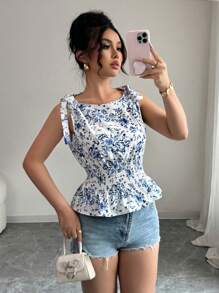 Breezaya Boho/Bohemian/Festival Bow Print Casual Vacation With Cinched Waist Design For Women Commute Elegant Women Blouse Summer Top - Blue - View 4