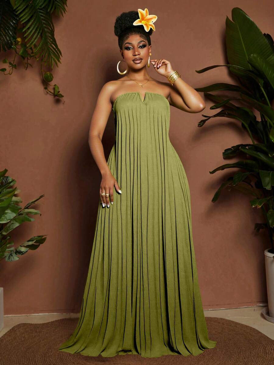 Maweii 大码女式优雅浪漫夏季度假婚礼宾客褶皱塔夫绸露肩飘逸 A 字连衣裙 - 軍綠色 - 查看 1