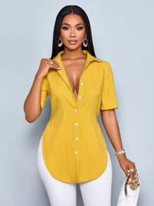 SOLERSUN Women's Spring Summer Fashion Casual Solid Color Front Button Asymmetrical Hem Short Sleeve Shirt - Mustard Yellow - View 1