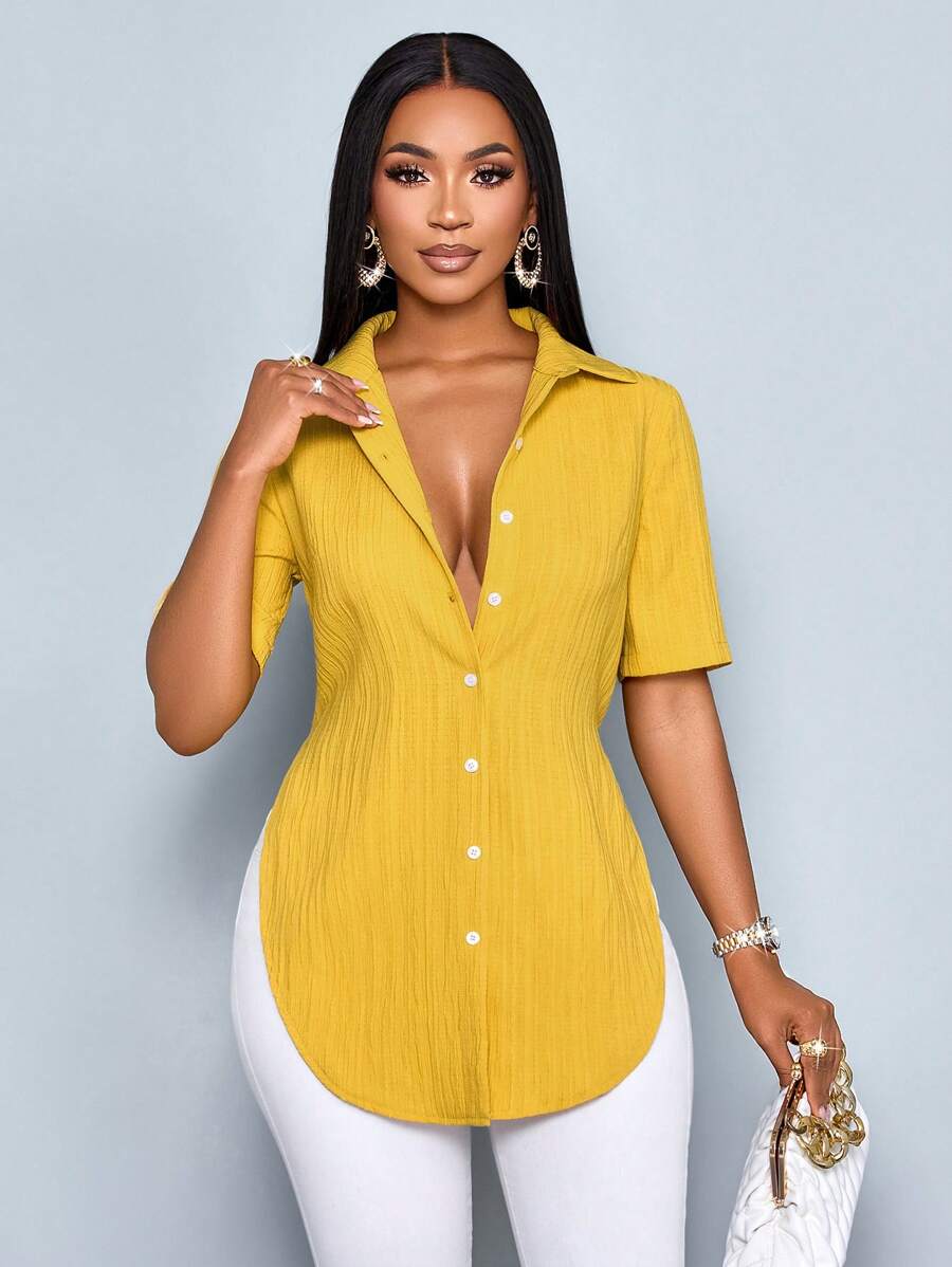 SOLERSUN Women's Spring Summer Fashion Casual Solid Color Front Button Asymmetrical Hem Short Sleeve Shirt - Mustard Yellow - View 1