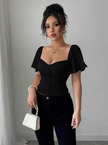 Selianne 褶皱短袖修身优雅女士衬衫 - 黑色 - 查看 4