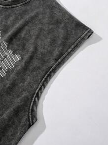 ROMWE MEN Street Life Men's Letter Rhinestone Diamond Pattern Washed Tank Top - Black - View 4