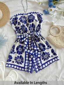 SHEIN PETITE CURVE Holiday Style Blue & White Print Cropped Halter Jumpsuit For Women