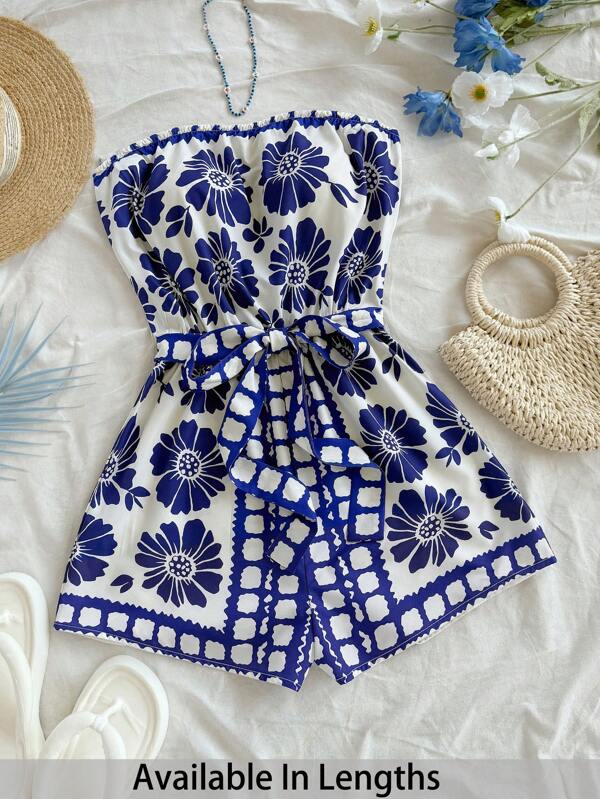 SHEIN PETITE CURVE Holiday Style Blue & White Print Cropped Halter Jumpsuit For Women
