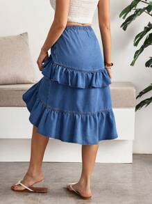 Breezaya Women's Casual Blue Denim Midi Skirt With Ruffle Detail And Wrap Design - Blue - View 2