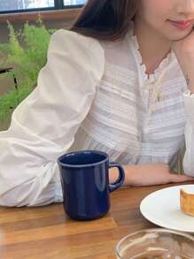 DAZY 女士圆领荷叶边蕾丝休闲长袖衬衫，秋季女装 - 白色 - 查看 2