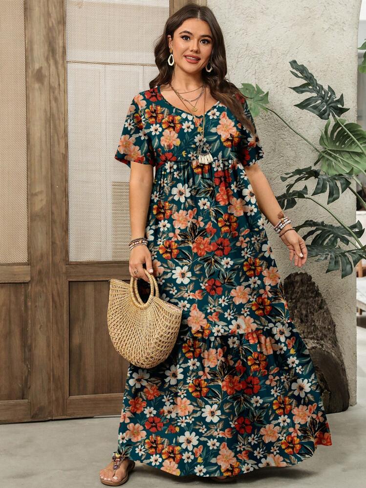 EMERY ROSE Casual Minimalist Ditsy Floral Plus Size V-Neck Short Sleeve Loose Fit Dress, Slimming, Suitable For Summer Vacation - Multicolor - View 6