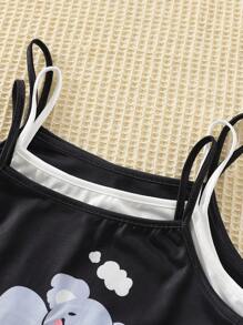 女童无袖卡通动物印花上衣和短裤睡衣三件套，休闲家居服