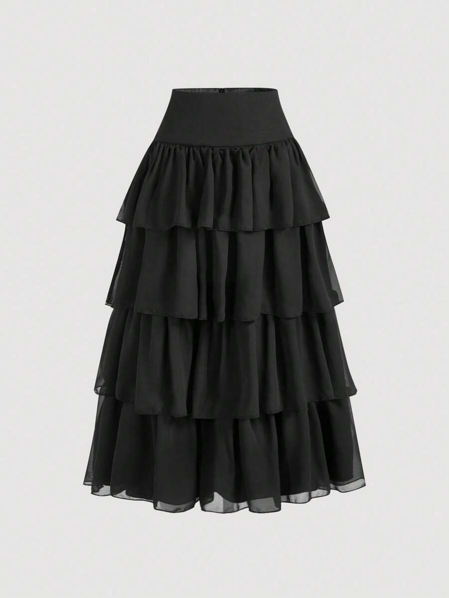 SHEIN MOD 女士多层蓬松蛋糕裙白色长裙、婚礼裙、毕业裙、女士下装 - 黑色 - 查看 1