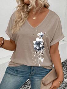 SHEIN 女士休闲V领短袖翻袖水墨花卉印花加大码T恤