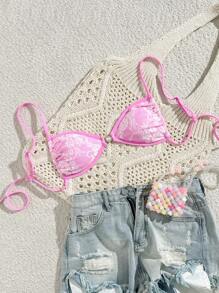 SHEIN Beach Summer For Women Sexy Pink Lace Cami Bikini Swimsuit Top - Pink - View 1