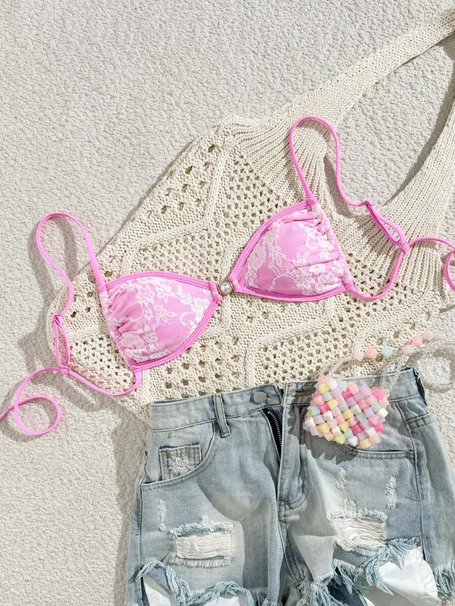 SHEIN Beach Summer For Women Sexy Pink Lace Cami Bikini Swimsuit Top - Pink - View 1