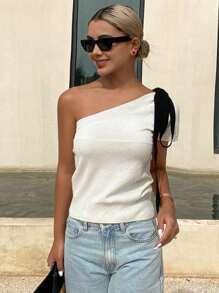 DAZY 女式撞色系带蝴蝶结肩部镂空修身优雅针织上衣，夏季 - 白色 - 查看 6