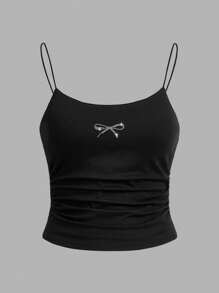 SHEIN Essnce 两件套水钻蝴蝶结装饰女士露脐吊带背心套装，带胸垫，适合夏季，水钻装饰，蝴蝶结肩带，内置胸罩 - 彩色 - 查看 5