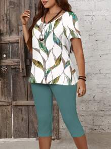 EMERY ROSE Set de 2 piezas con leggings y shorts con estampado de hojas de color contrastante, cuello redondo, manga corta, estilo casual y sencillo, talla grande - Multicolor - Ver 6