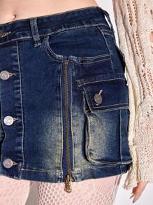 ROMWE Kawaii Y2K Vintage Washed Zip-Up Mini Denim Skirt, Low Waist - Dark Wash - View 4