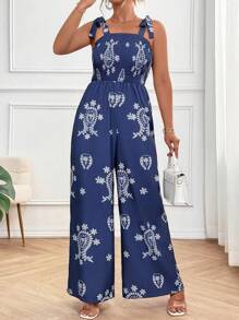 Breezaya 大码女式宽松阔腿连体裤，带口袋 - 藍色 - 查看 6