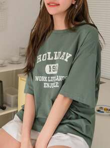 字母图案落肩T恤夏季超大T恤 - 墨綠色 - 查看 5