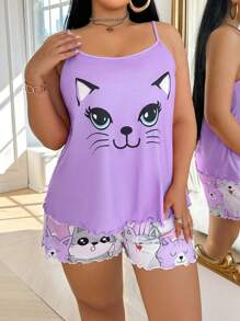 Conjunto de pijama de camiseta de tirantes y pantalones cortos con estampado de gato de talla grande