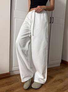 CovetEZ Pantalones casuales rectos y sueltos de mujer con cordón en la cintura, color blanco