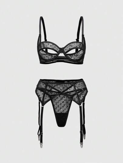 Goth 3 قطع من مجموعة ملابس داخلية جذابة، تشمل: حمالة صدر بسلكي بطراز نقطي من الشبك، سروال وحزام جورب