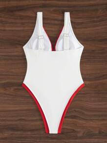 Swim SXY Beach Summer Outfits For Women, Black & White Patchwork Deep V-Neck Strap One-Piece Swimsuit