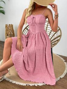 SHEIN LUNE Váy midi ren họa tiết trơn màu đơn giản cho nữ đi nghỉ, trang phục hàng ngày - Bụi hồng - Xem 3