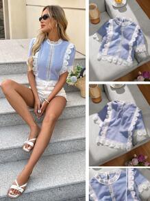 SHEIN LUNE 蕾丝拼接法式浪漫女式短袖衬衫，蓝白条纹，适合春夏季度假、约会、通勤 - 藍白色 - 查看 2