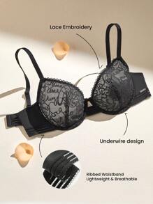 LUVLETTE Sexy Lingerie Lounge Curve Sheer Full Coverage Unlined Lace Elegance Chic & Cozy Minimizer Black Bra