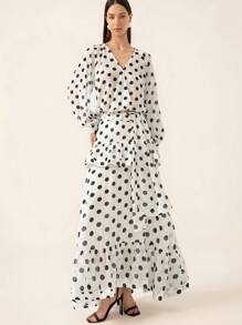 Aveloria Rosie Blusa con volantes y mangas acampanadas con lazo a lunares estilo clásico francés, combinada con falda de gasa de doble capa con volantes en el bajo, conjunto de 2 piezas para mujer de estilo elegante y de moda para primavera y otoño