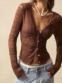 Bohemela 纯色针织蕾丝 V 领长袖修身女式上衣，休闲