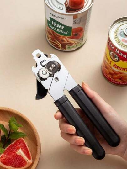 Stainless Steel Multifunctional Can Opener, Effortless Manual Kitchen Tool With Non-Slip Silicone Handle, Splash-Proof Design & Compact Storage | Elderly-Friendly, Camping & Home Use