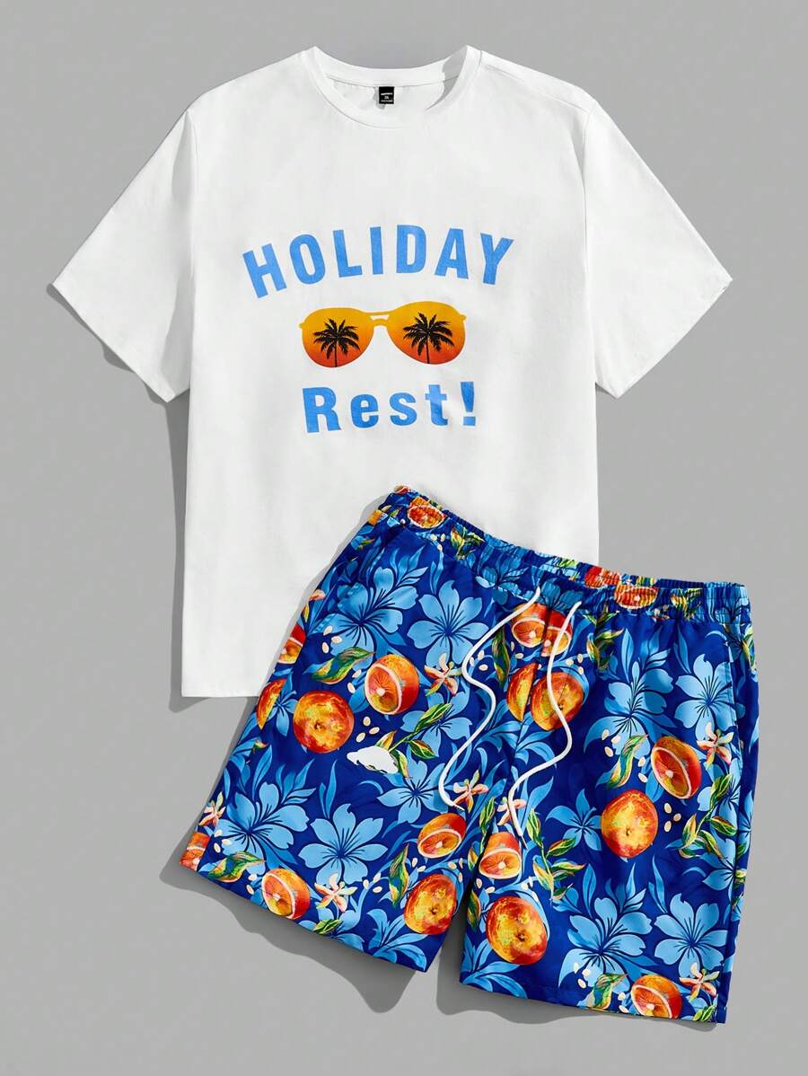 EASEVO Conjunto de camiseta de manga corta y pantalones cortos con estampado de frutas y letras para hombres de talla grande - Blanco - Ver 1