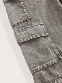 SHEIN EZwear 女士多口袋休闲宽松阔腿梭织裤，灰色 - 灰色 - 查看 8